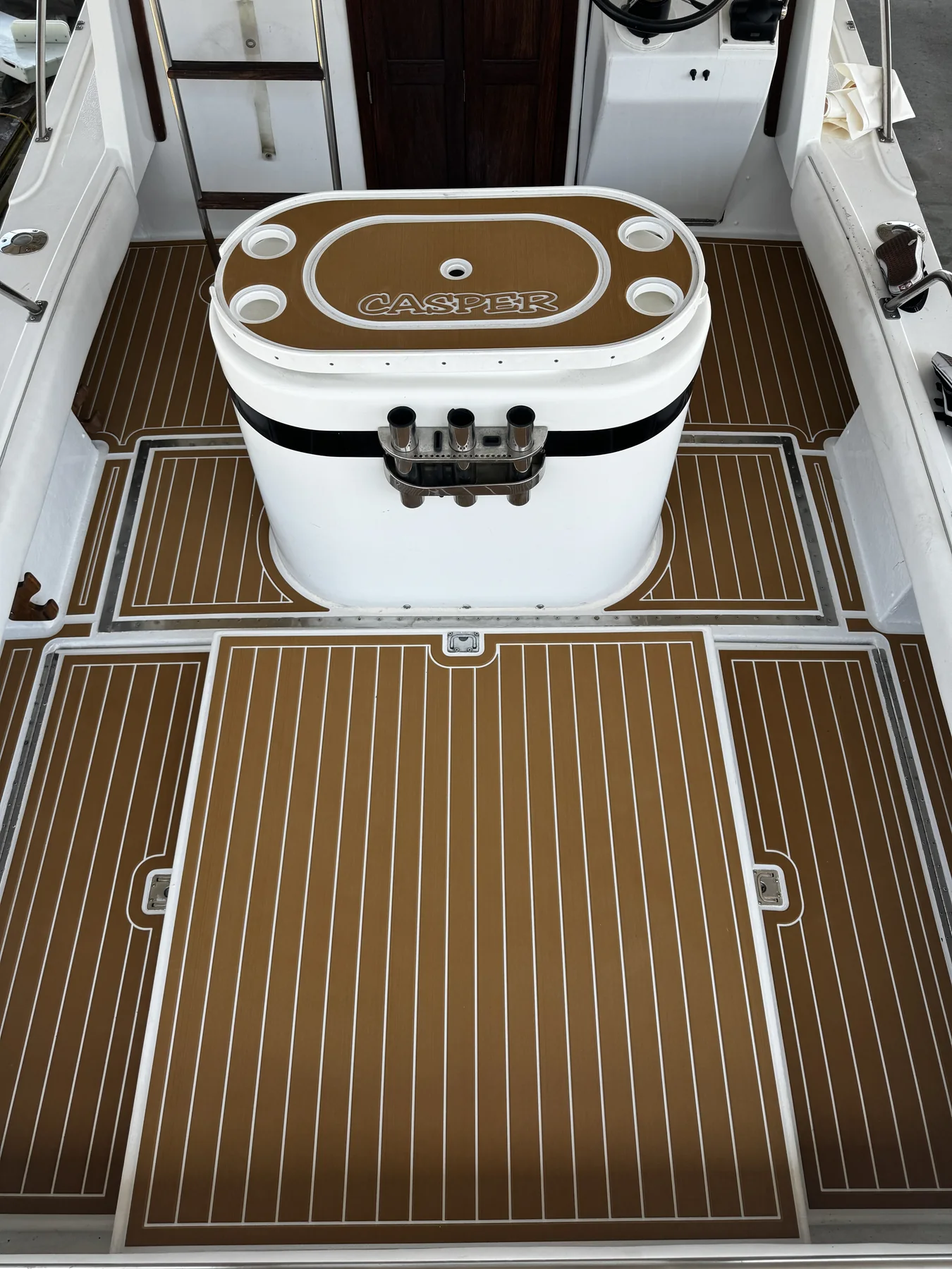 'Casper' fishing boat custom brown EVA/PE foam decking with name inlay Lakeside California
