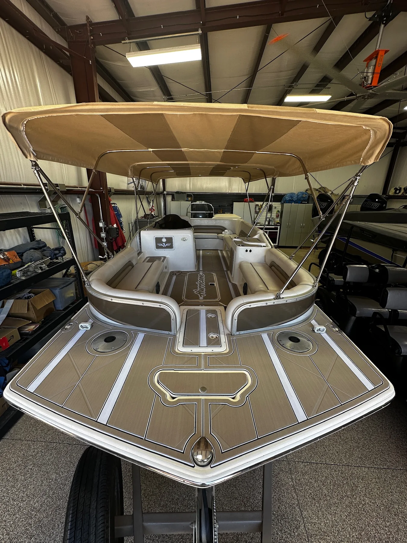 Hurricane Fun Deck pontoon custom tan teak EVA/PE foam swim platform and interior Yuma Arizona