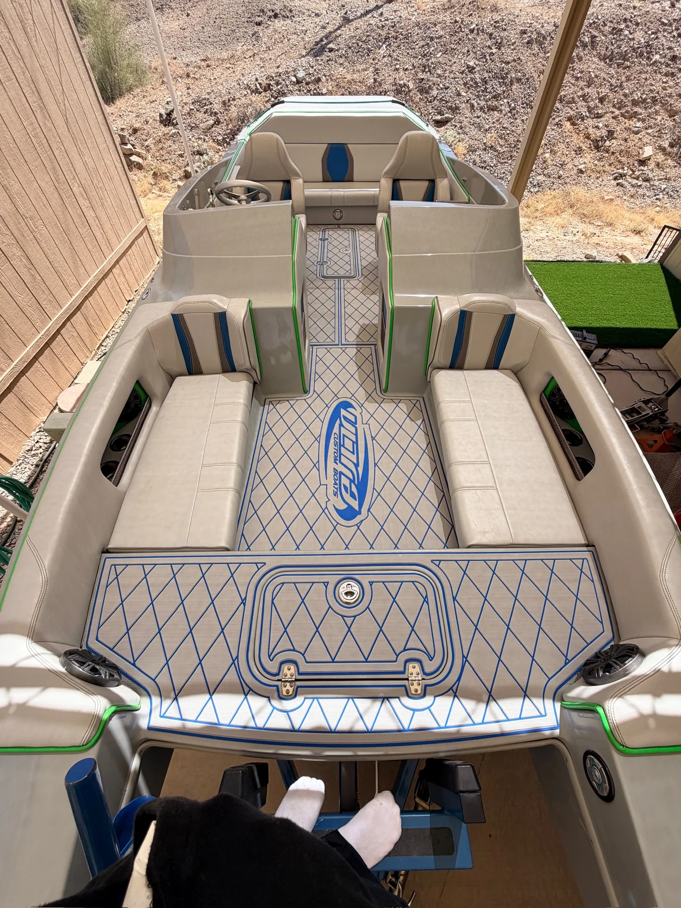 Ultra deck boat custom cream and blue diamond EVA/PE foam flooring Alpine California